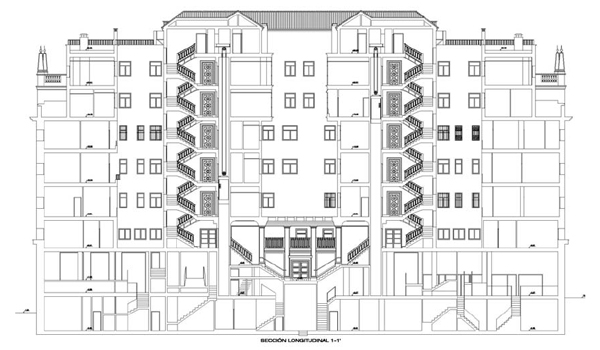 dibujo técnico de un edificio de estilo clásico o ecléctico